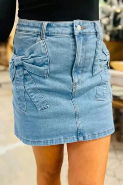 Clearance Dear-Lover Acid Wash Bowknot Details High Waist Denim Skirt Dusk Blue