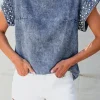 Sale Dear-Lover Acid Wash Pearl Embellishments O-neck Denim Top Dusk Blue