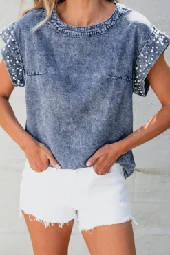 Sale Dear-Lover Acid Wash Pearl Embellishments O-neck Denim Top Dusk Blue