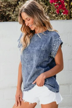 Sale Dear-Lover Acid Wash Pearl Embellishments O-neck Denim Top Dusk Blue