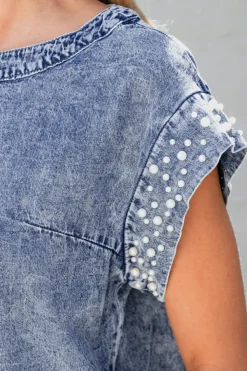 Sale Dear-Lover Acid Wash Pearl Embellishments O-neck Denim Top Dusk Blue