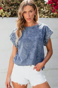 Sale Dear-Lover Acid Wash Pearl Embellishments O-neck Denim Top Dusk Blue