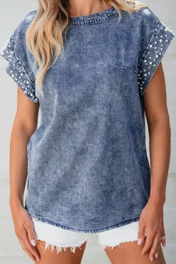 Sale Dear-Lover Acid Wash Pearl Embellishments O-neck Denim Top Dusk Blue