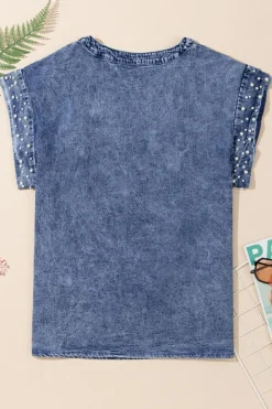 Sale Dear-Lover Acid Wash Pearl Embellishments O-neck Denim Top Dusk Blue
