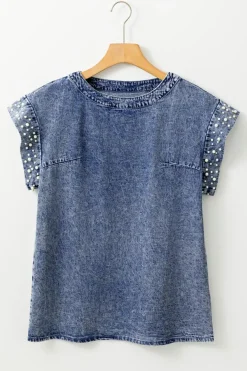Sale Dear-Lover Acid Wash Pearl Embellishments O-neck Denim Top Dusk Blue