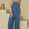 Discount Dear-Lover Adjustable Tie Straps Cropped Wide Leg Denim Overalls Dusk Blue
