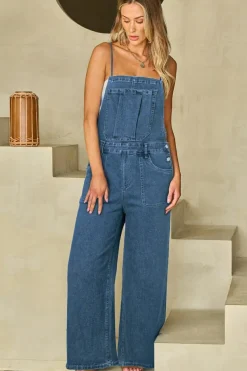 Discount Dear-Lover Adjustable Tie Straps Cropped Wide Leg Denim Overalls Dusk Blue