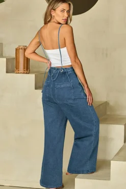 Discount Dear-Lover Adjustable Tie Straps Cropped Wide Leg Denim Overalls Dusk Blue