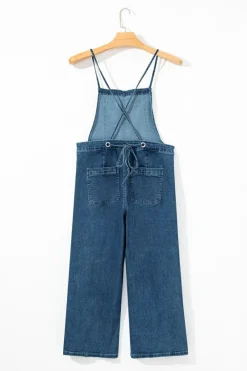Discount Dear-Lover Adjustable Tie Straps Cropped Wide Leg Denim Overalls Dusk Blue