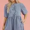 New Dear-Lover Bowknot Bubble Sleeve Short Denim Dress Dusk Blue