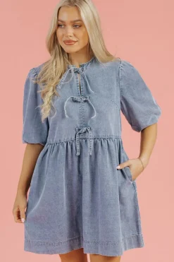 New Dear-Lover Bowknot Bubble Sleeve Short Denim Dress Dusk Blue