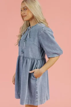 New Dear-Lover Bowknot Bubble Sleeve Short Denim Dress Dusk Blue