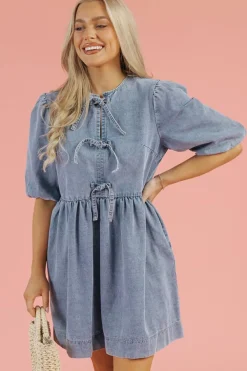 New Dear-Lover Bowknot Bubble Sleeve Short Denim Dress Dusk Blue