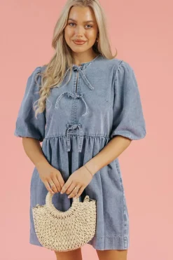 New Dear-Lover Bowknot Bubble Sleeve Short Denim Dress Dusk Blue