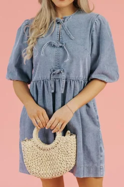 New Dear-Lover Bowknot Bubble Sleeve Short Denim Dress Dusk Blue