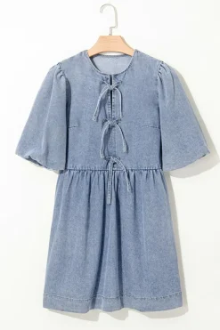 New Dear-Lover Bowknot Bubble Sleeve Short Denim Dress Dusk Blue