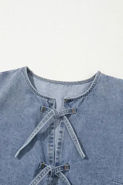 New Dear-Lover Bowknot Bubble Sleeve Short Denim Dress Dusk Blue