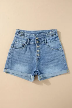 Hot Dear-Lover Button Fly High Waist Roll Edge Denim Shorts Dusk Blue