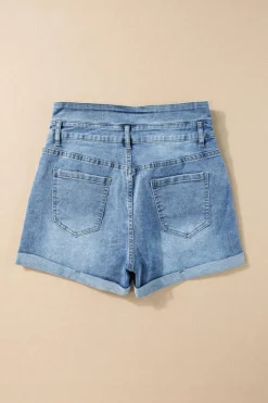 Hot Dear-Lover Button Fly High Waist Roll Edge Denim Shorts Dusk Blue