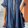 Online Dear-Lover Chambray Ruffle Hem Half Sleeve Open Loose Kimono Dusk Blue