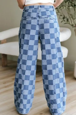 Fashion Dear-Lover Checkered Denim Wide Leg Jeans Dusk Blue