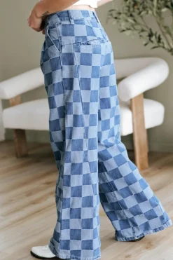 Fashion Dear-Lover Checkered Denim Wide Leg Jeans Dusk Blue