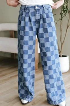 Fashion Dear-Lover Checkered Denim Wide Leg Jeans Dusk Blue
