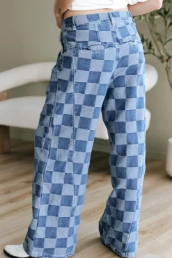 Fashion Dear-Lover Checkered Denim Wide Leg Jeans Dusk Blue