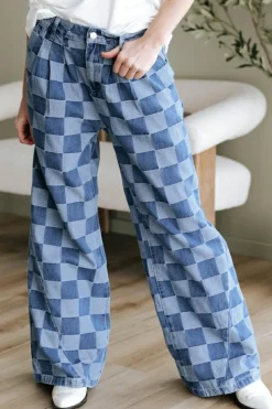 Fashion Dear-Lover Checkered Denim Wide Leg Jeans Dusk Blue