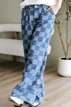 Fashion Dear-Lover Checkered Denim Wide Leg Jeans Dusk Blue