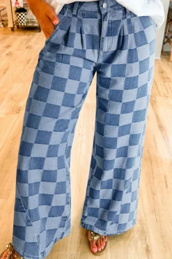 Fashion Dear-Lover Checkered Denim Wide Leg Jeans Dusk Blue