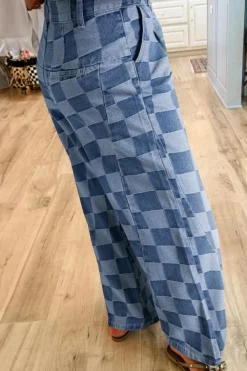 Fashion Dear-Lover Checkered Denim Wide Leg Jeans Dusk Blue