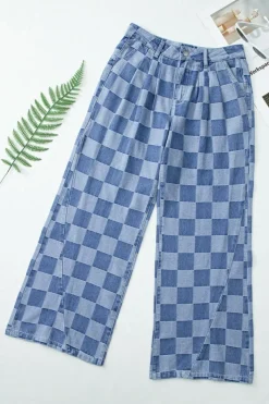 Fashion Dear-Lover Checkered Denim Wide Leg Jeans Dusk Blue
