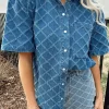 Hot Dear-Lover Checkered Textured Short Sleeve Patched Pocket Denim Shirt Dusk Blue
