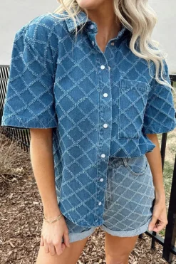 Hot Dear-Lover Checkered Textured Short Sleeve Patched Pocket Denim Shirt Dusk Blue