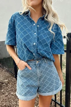 Hot Dear-Lover Checkered Textured Short Sleeve Patched Pocket Denim Shirt Dusk Blue