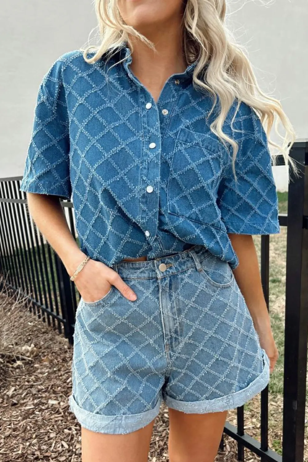 Hot Dear-Lover Checkered Textured Short Sleeve Patched Pocket Denim Shirt Dusk Blue