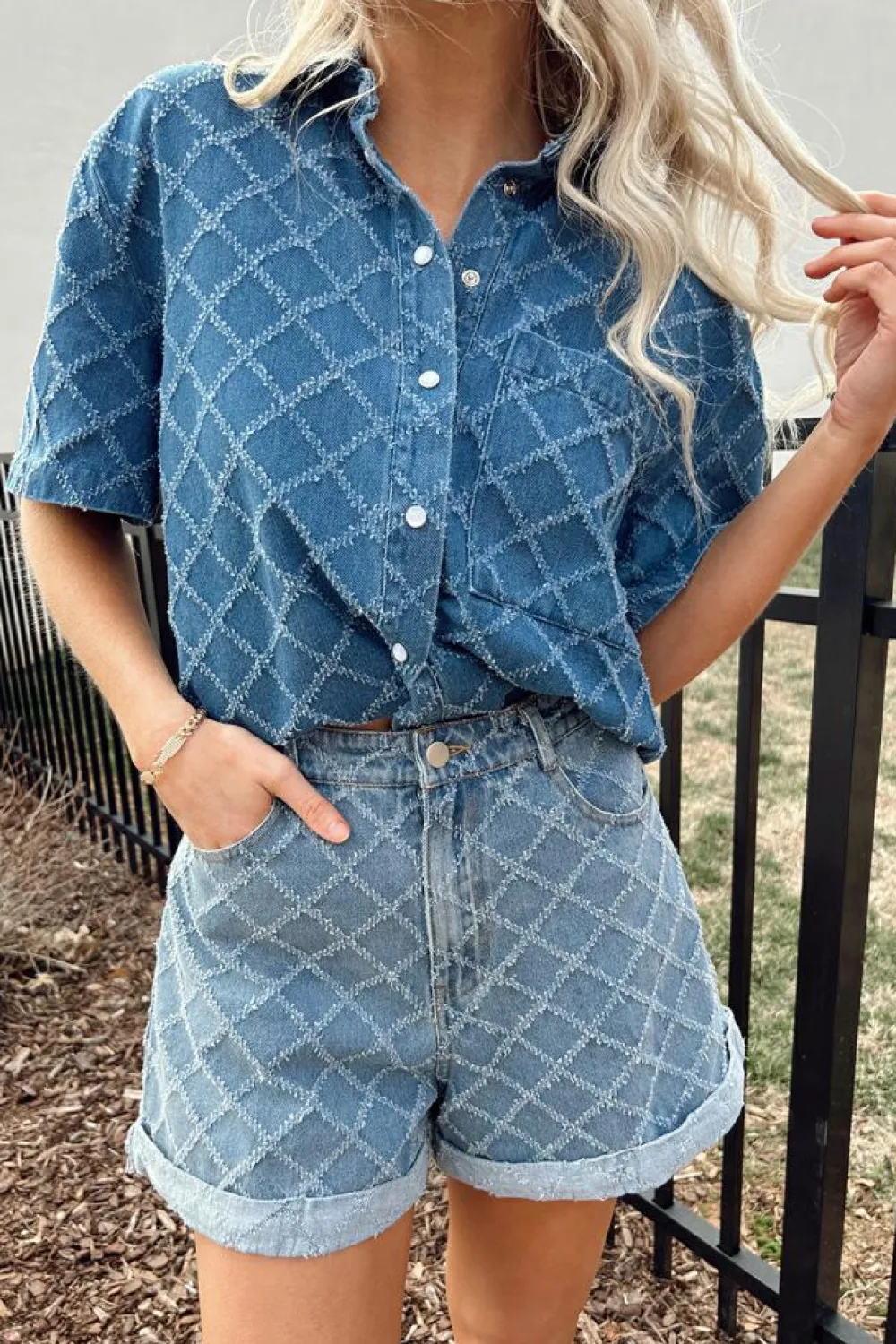 Hot Dear-Lover Checkered Textured Short Sleeve Patched Pocket Denim Shirt Dusk Blue