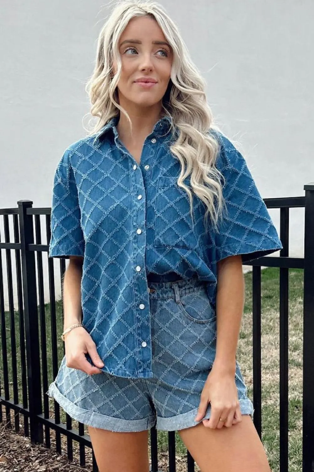 Hot Dear-Lover Checkered Textured Short Sleeve Patched Pocket Denim Shirt Dusk Blue