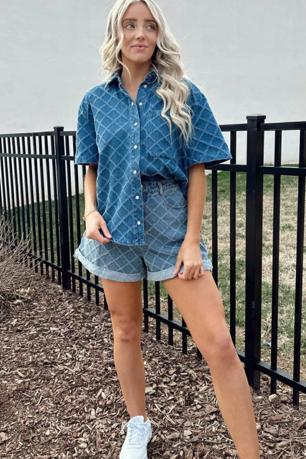 Hot Dear-Lover Checkered Textured Short Sleeve Patched Pocket Denim Shirt Dusk Blue