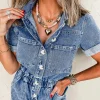 Discount Dear-Lover Chest Pocket Front Buttoned Folded Edge Denim Short Sleeve Romper Dusk Blue