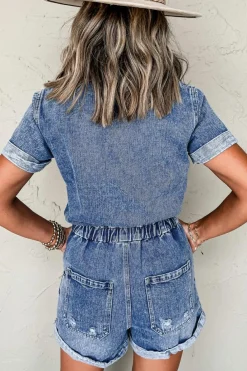Discount Dear-Lover Chest Pocket Front Buttoned Folded Edge Denim Short Sleeve Romper Dusk Blue