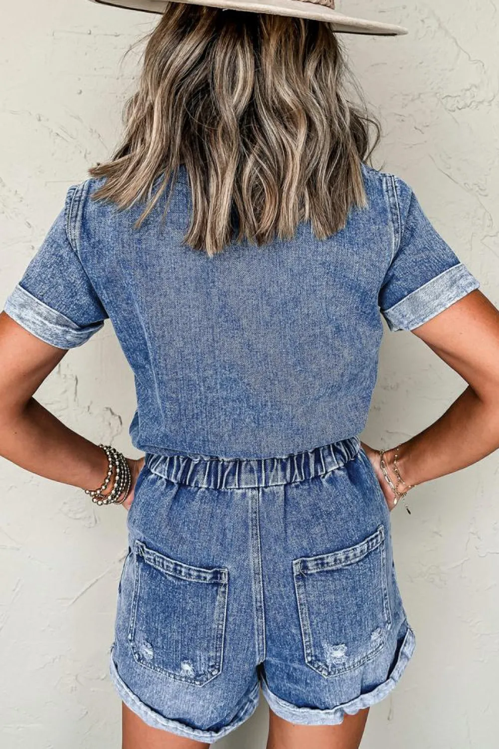 Discount Dear-Lover Chest Pocket Front Buttoned Folded Edge Denim Short Sleeve Romper Dusk Blue