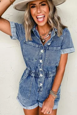 Discount Dear-Lover Chest Pocket Front Buttoned Folded Edge Denim Short Sleeve Romper Dusk Blue