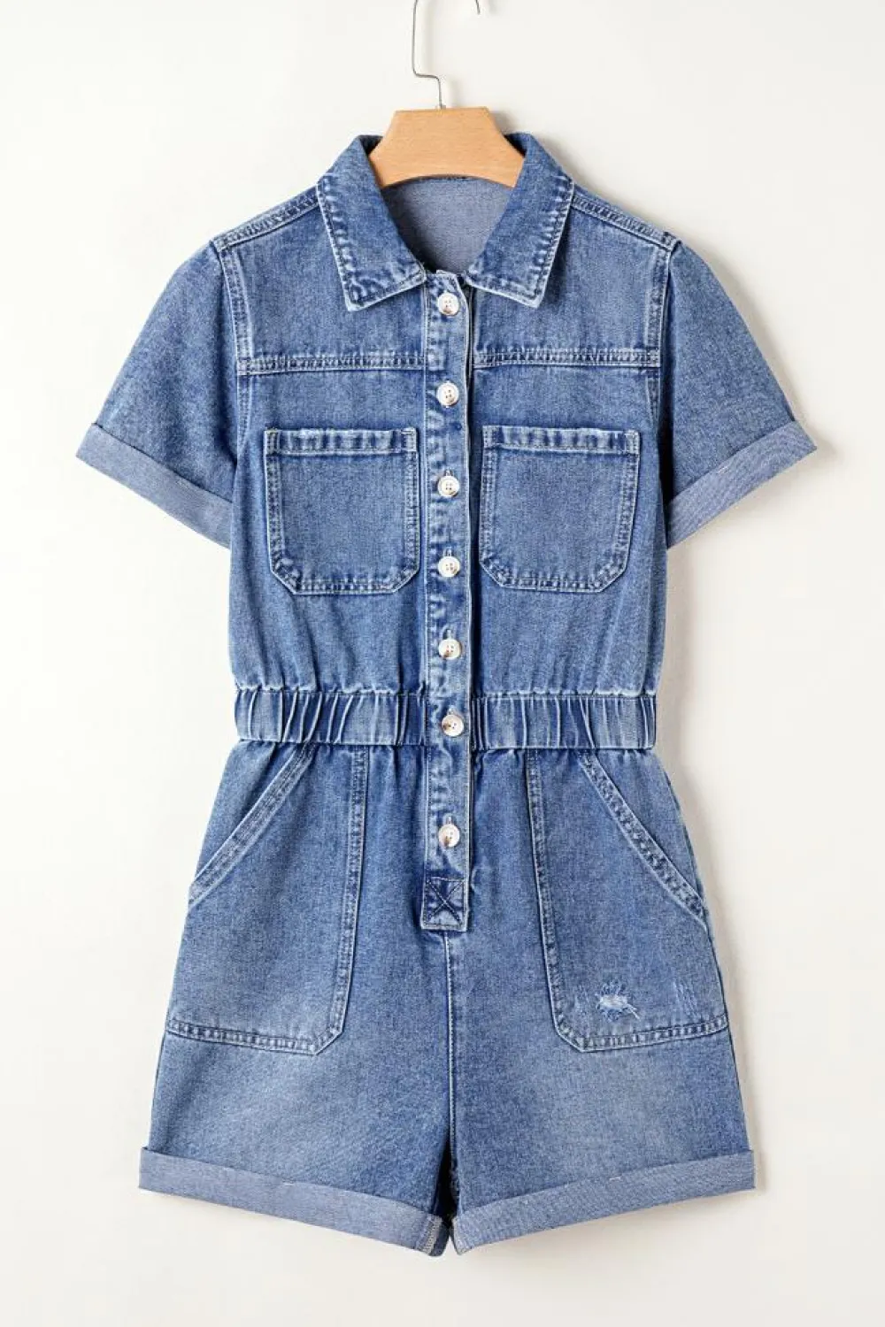 Discount Dear-Lover Chest Pocket Front Buttoned Folded Edge Denim Short Sleeve Romper Dusk Blue