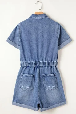 Discount Dear-Lover Chest Pocket Front Buttoned Folded Edge Denim Short Sleeve Romper Dusk Blue