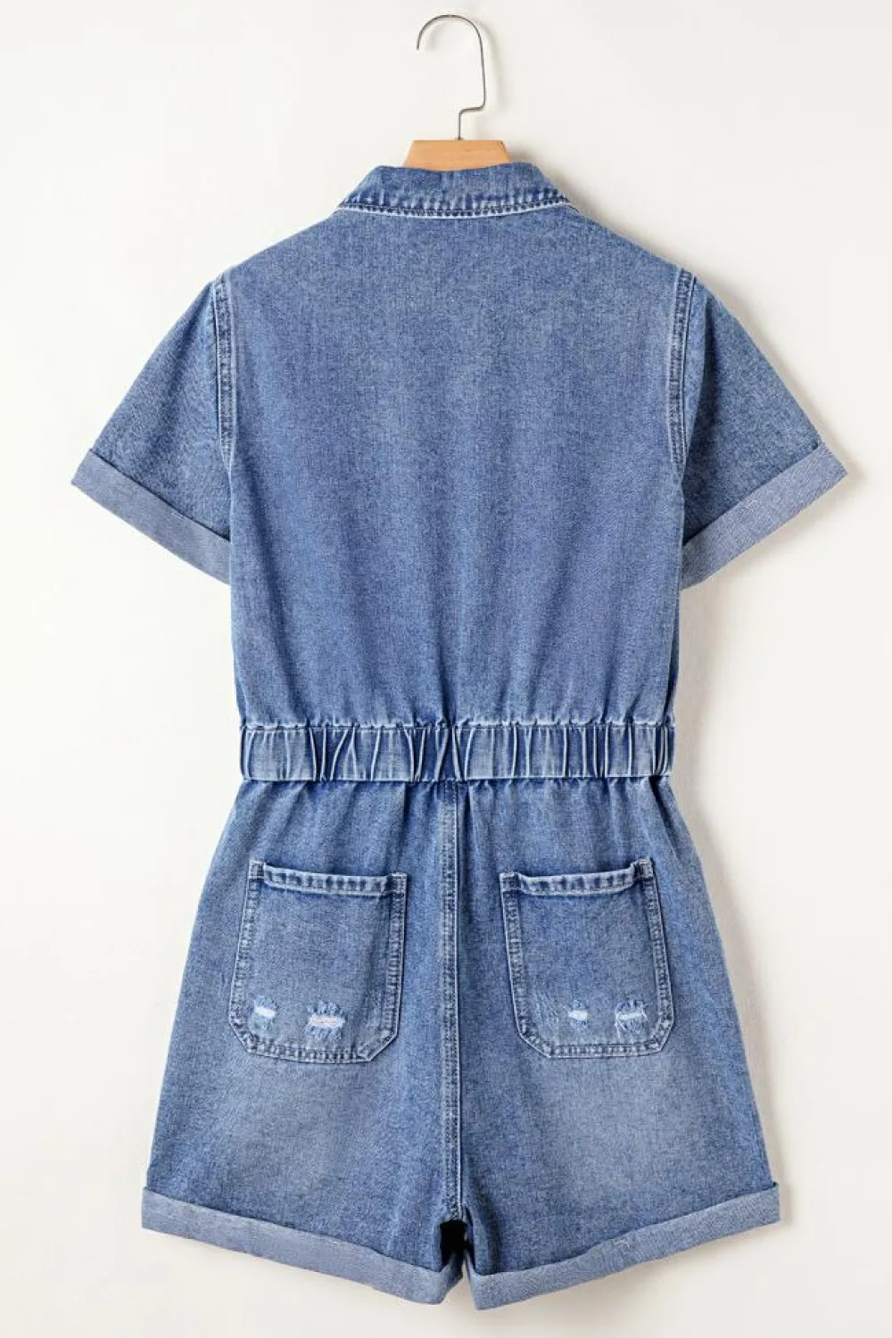 Discount Dear-Lover Chest Pocket Front Buttoned Folded Edge Denim Short Sleeve Romper Dusk Blue