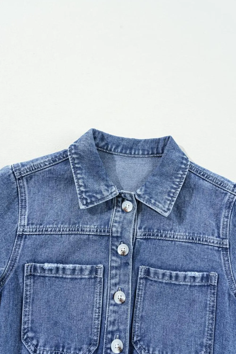 Discount Dear-Lover Chest Pocket Front Buttoned Folded Edge Denim Short Sleeve Romper Dusk Blue