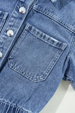 Discount Dear-Lover Chest Pocket Front Buttoned Folded Edge Denim Short Sleeve Romper Dusk Blue