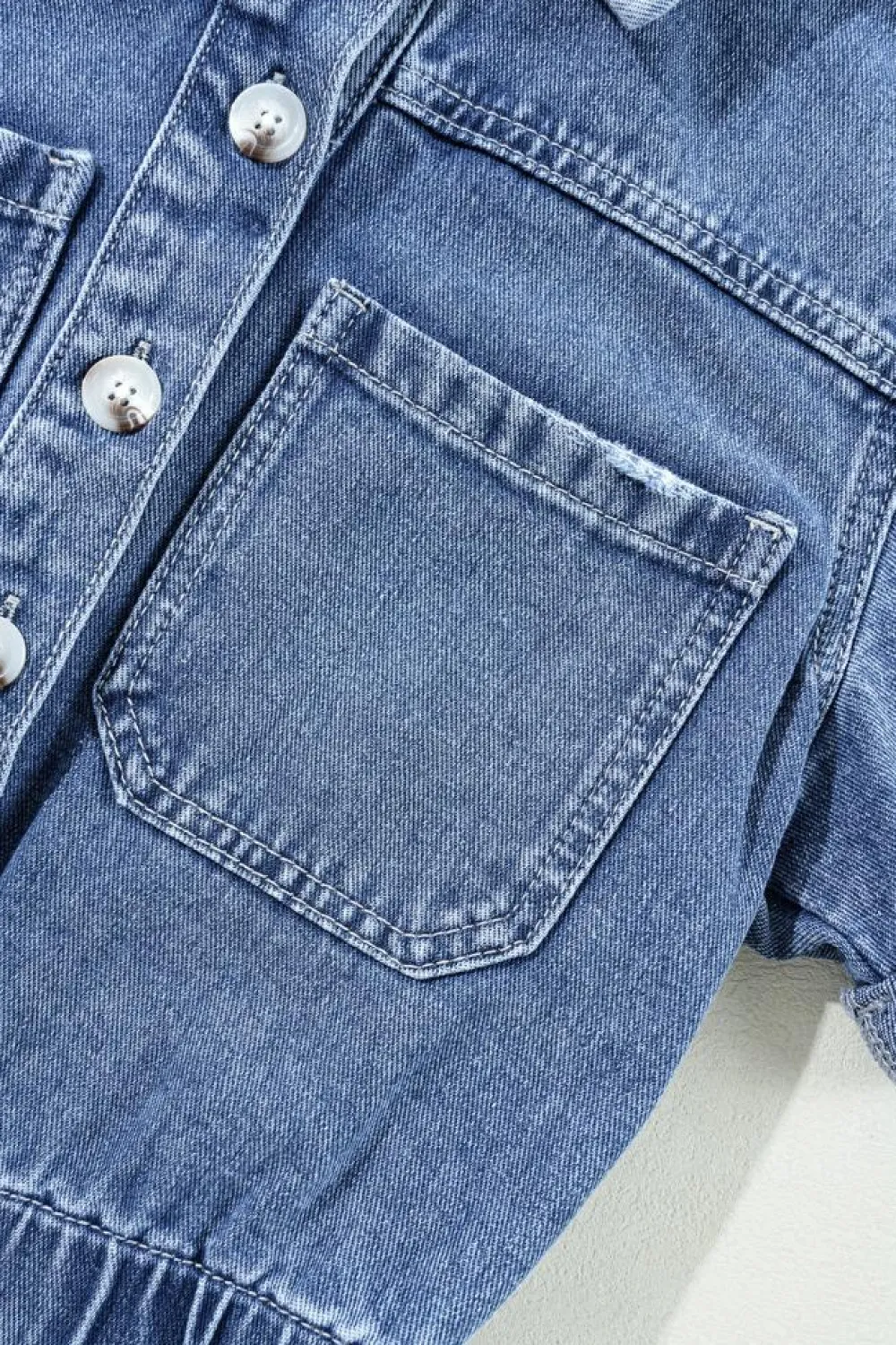 Discount Dear-Lover Chest Pocket Front Buttoned Folded Edge Denim Short Sleeve Romper Dusk Blue